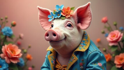 A charming piglet, adorned with a floral crown and a vibrant embroidered jacket, sits amidst a garden of blossoming flowers, exuding joy and springtime elegance.