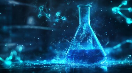 Abstract lab flask with blue liquid on a vibrant chemistry background, showcasing chemical reactions and scientific experimentation, with soft glowing light and molecular structures for a futuristic s