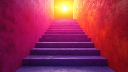 Fototapeta premium A set of purple stairs leading towards a bright yellow light at the end of a narrow hallway.