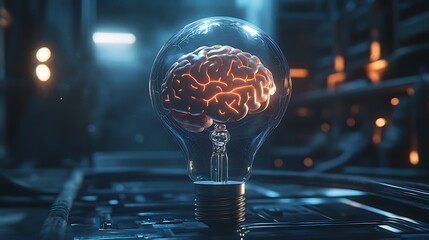 Obraz premium Glowing Brain Inside A Lightbulb Represents Ideas And Innovation