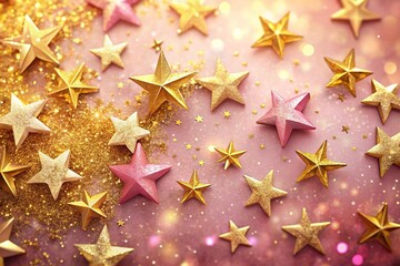 Obraz premium Festive Pink Pastel Background with Golden Stars - Holiday Stock Photo