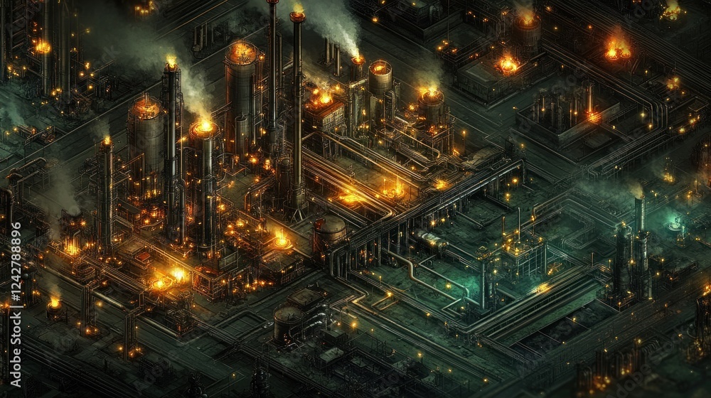 Poster nighttime aerial view of a glowing industrial complex