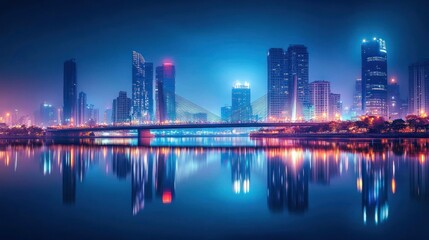 Fototapeta premium Night Cityscape Reflection: Illuminated Skyline Across Tranquil Waters