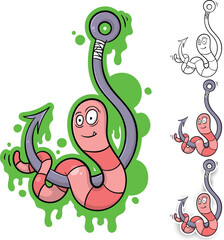 Fototapeta premium Cute cartoon worm fishing bait and hook illustration