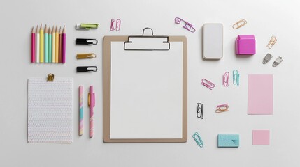 Colorful Stationery Flatlay on White Background