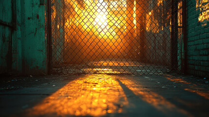A chain-link fence casting geometric shadows on a sunlit industrial alleyway