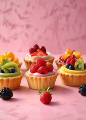Watercolor drawing of assorted fruit tarts, cheesecakes, and mousse cups on a pink backdrop, sweet treats, watercolor
