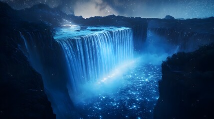 Majestic waterfall cascading into serene pool, vibrant blue hues illuminate the mist, natural wonder for relaxation and exploration.