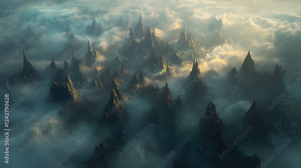 Poster mysterious fog enveloping dense forest, ethereal atmosphere creating a sense of tranquility and intr