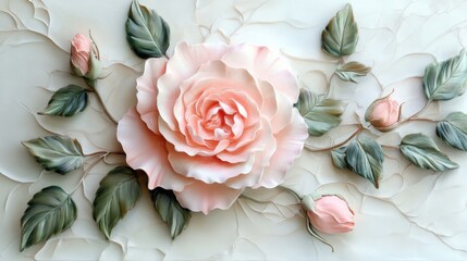 A soft pink rose with gently curled petals and fresh green leaves, beautifully displayed on a white background.