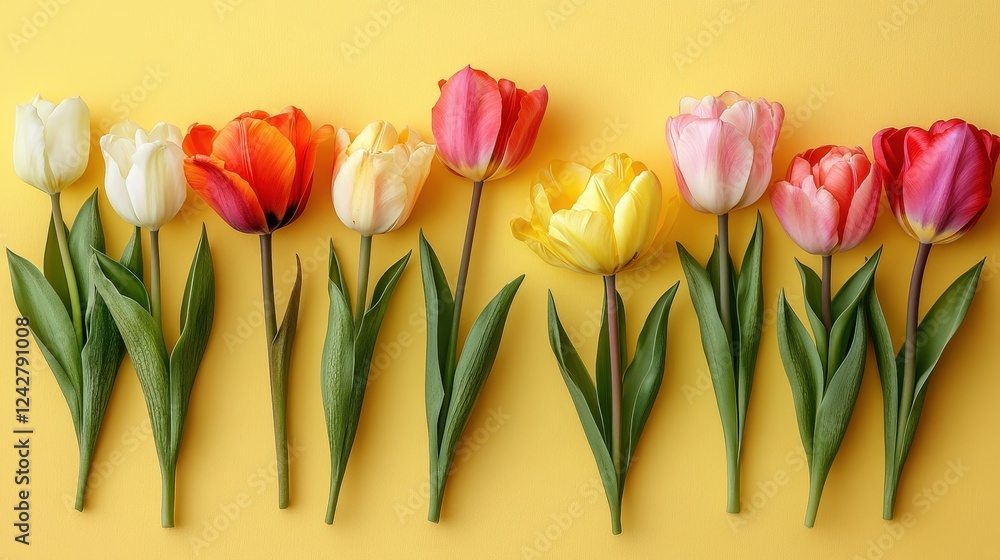 Poster fresh tulips on yellow background with empty space for text or design in bright and colorful arrange