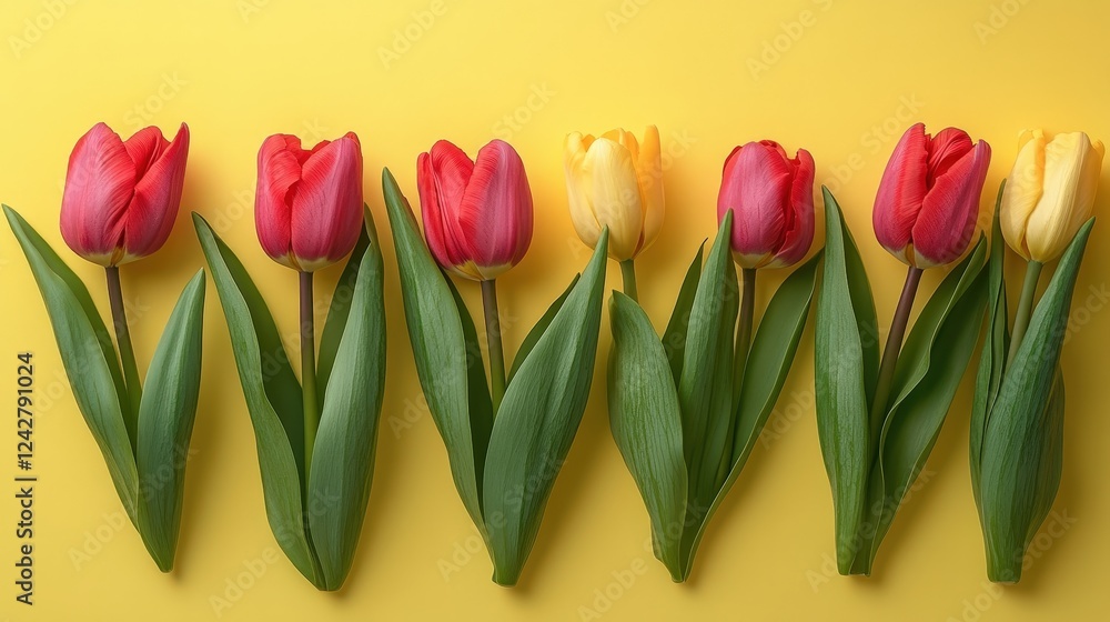 Poster fresh tulips on a bright yellow background with empty space for text or design elements