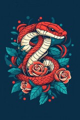 Vibrant Red Snake with Roses and Leaves Design