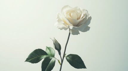 A solitary white rose in full bloom, accompanied by its green leaves, displayed on a clean white background.