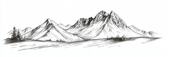 Majestic Mountainscape Ink Drawing Scenic View