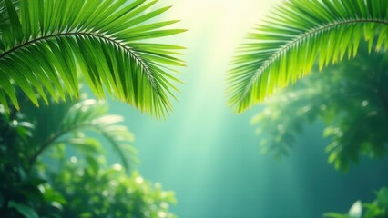 Fototapeta premium Lush Tropical Foliage Frame with Soft Sunlight Filtering Through the Canopy, Creating a Serene and Peaceful Atmosphere