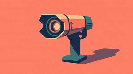 Retro Security Camera: A stylized illustration of a vintage security camera, rendered in a retro-futuristic design with bold color blocking and a minimalist aesthetic.