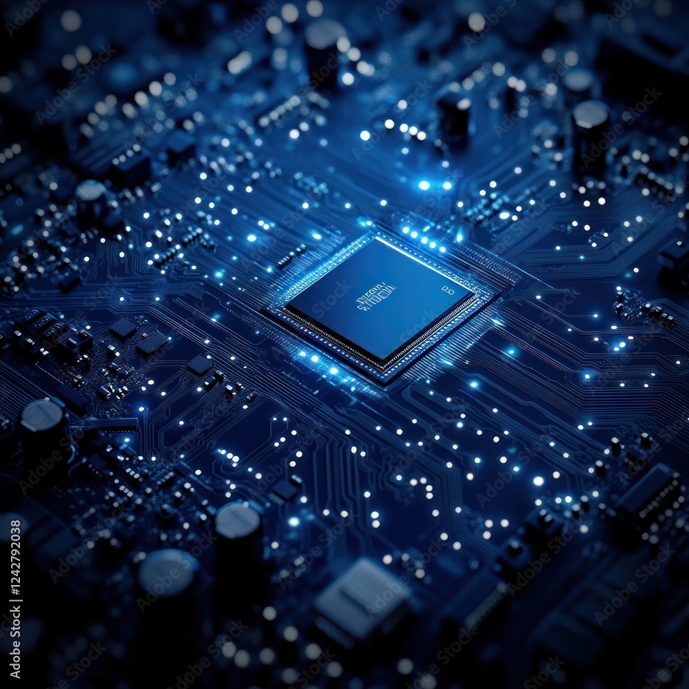 Poster microchip with circuit board glows in bright blue, useful for tech, engineering projects