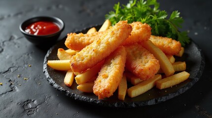 A plate of crispy fish and chips with a side of ketchup, garnished with fresh parsley.
