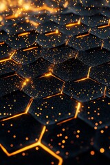 Fototapeta premium Dark background, honeycomb pattern at the center of the composition, a golden glow around the edges, a high-tech style