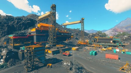 A vibrant industrial landscape showcasing heavy machinery and containers amidst a mountainous backdrop