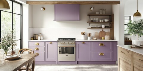 Fototapeta premium Lavender Kitchen With Wooden Accents And Farmhouse Style
