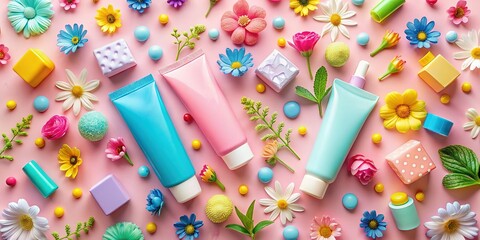 Pastel Blue Lotion Tubes & Playful Toys Flat Lay - Pink Background Night Photography