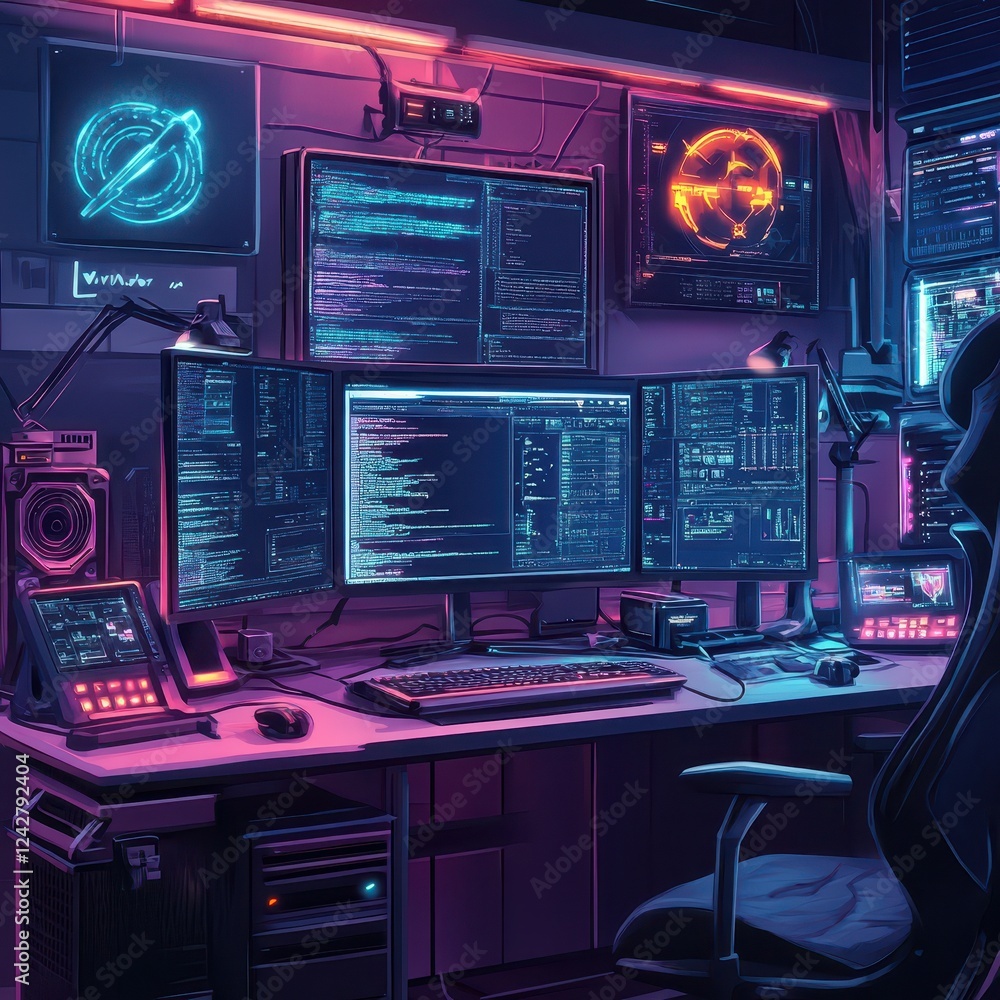 Poster neon lit hacker workstation with multiple monitors