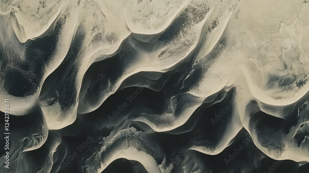 Poster abstract design of flowing waves, intricate dark and light patterns creating a serene visual effect,