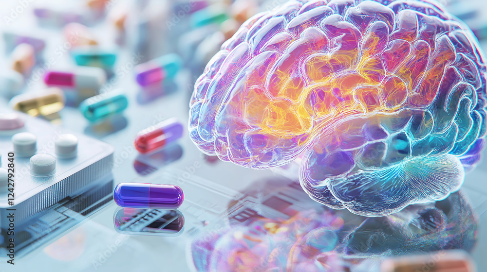 Aufkleber fentanyl painkiller harm reduction. a detailed 3d render of a brain with highlighted operations for 