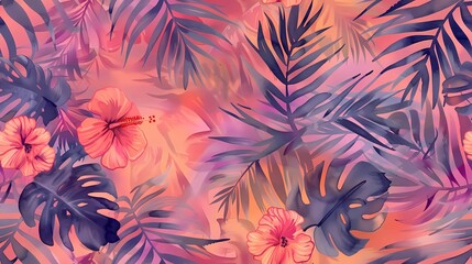 Naklejka premium Seamless pattern of watercolor palm leaves and hibiscus leaves