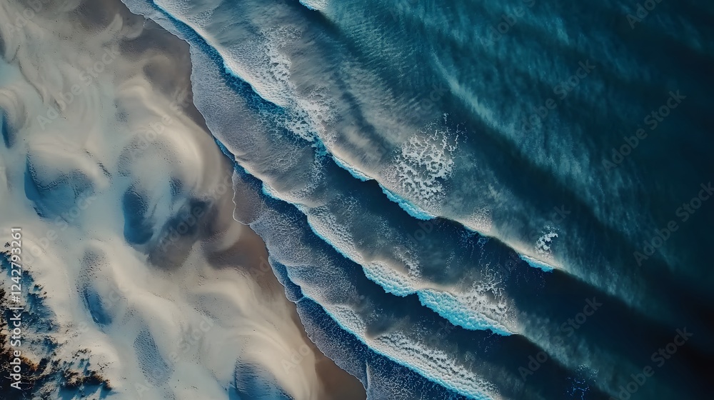 Poster waves crashing on shore, deep blue ocean water creating dynamic patterns on sandy beach, tranquil co