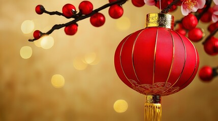 Elegant Red Chinese Lantern Hanging from Plum Blossom Branch, Traditional Lunar New Year Decoration with Golden Accents, Symbolizing Prosperity, Good Luck, and Festive Celebration