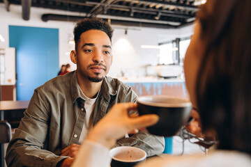 Young man listening attentively to colleague during coffee break in cafe