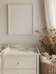A White Wooden Changing Table with Drawers, Minimalist Decor, and a Wicker Basket Filled with Plush Toys in a Soft, Neutral Nursery Setting