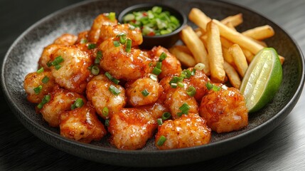 Fototapeta premium Spicy Chicken Bites, Fries, Lime, Chili Dip, Dark Background, Food Photography