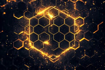 Dark background, honeycomb pattern at the center of the composition, a golden glow around the edges, a high-tech style