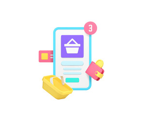 Online shopping supermarket marketplace smartphone application 3d icon realistic vector illustration. Internet store shop market order purchase buying business commercial retail mobile phone app