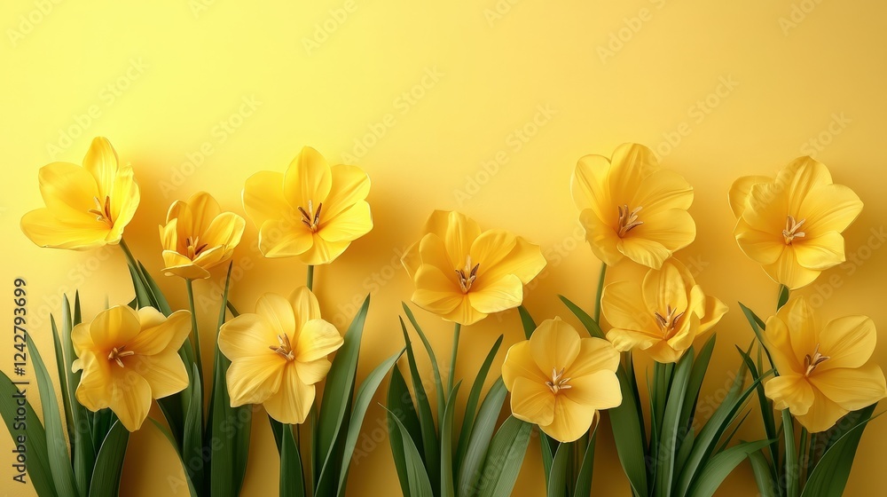 Poster bright yellow flowers on fresh yellow background with green leaves creating a serene and inviting ce