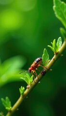 Twigs with insect-like appendages on green foliage, bugs on plants, insects, leaves