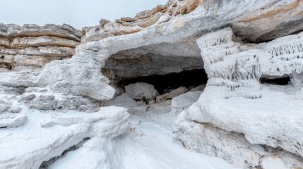 Snowy cave entrance, coastal cliffs, winter landscape, nature background, travel photography