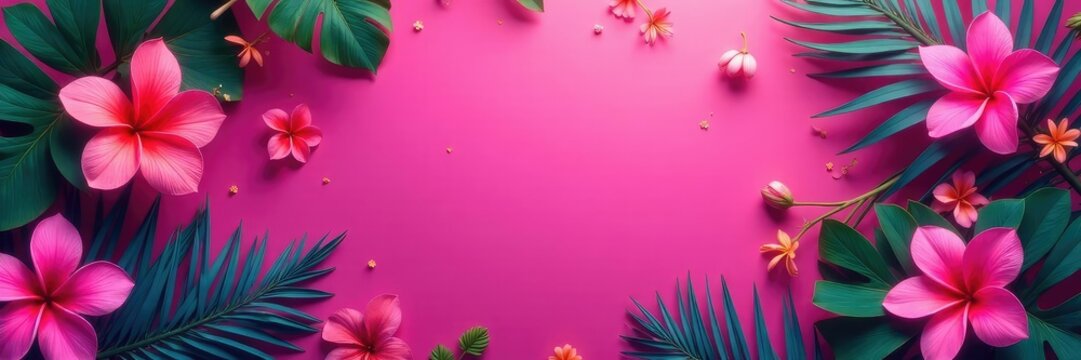Tropical flowers and leaves scattered on neon pink and purple ground, tropical, chillwave