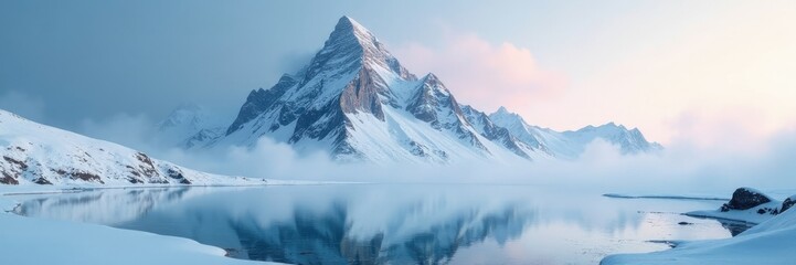 Obraz premium Speckled snowy mountain peak with a misty atmosphere and frozen lake in the foreground, mountain, snow, frost