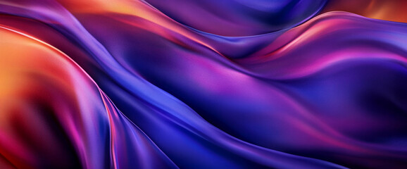 Fototapeta premium Close-up of vibrant flowing silk fabric in hues of purple, pink, and orange, showcasing smooth texture and luxurious feel, ideal for design, fashion, and textile-related concepts.