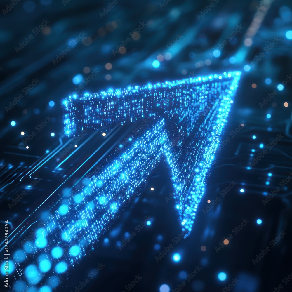 Poster glowing arrow pointing up on circuit board background, signifying growth and progress