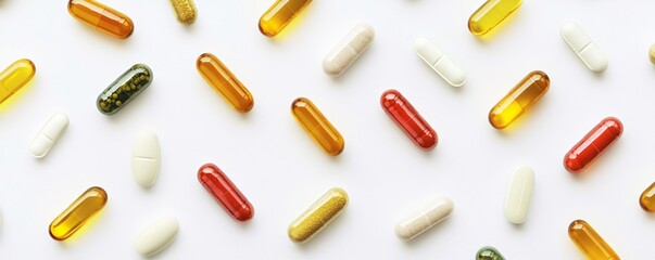 Colorful medical pills forming diagonal lines over white background