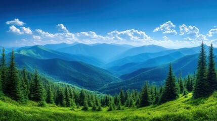 Fototapeta premium Mountain Panorama, Sunny Meadow, Evergreen Forest, Peaceful Scenery, Wide Landscape