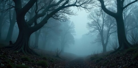 Obraz premium dark gray misty forest landscape with twisted tree branches, unkempt, wild