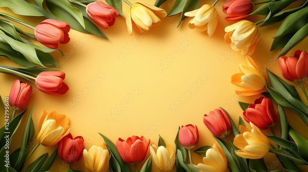Poster fresh and vibrant tulip flowers arranged on a yellow background creating an empty center space for t