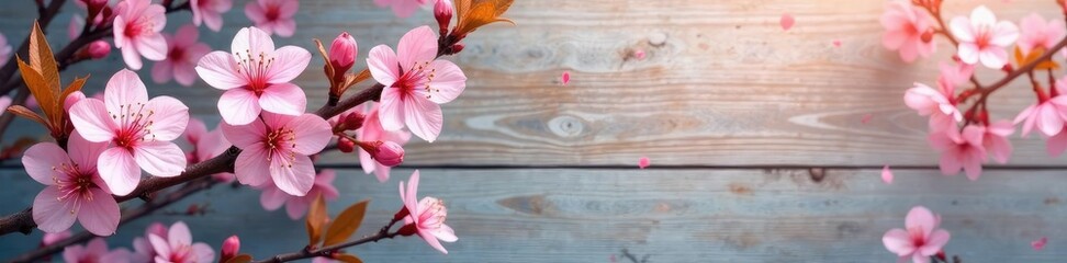 Cherry blossom branches in full bloom against a natural wood surface with pale pink flowers, garden, blossom